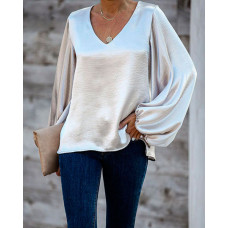 V Neck Lantern Sleeve Top - silver