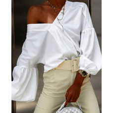 V-Neck Lantern Sleeve Top - white