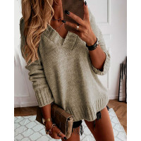 V Neck Long Sleeve Casual Knit Sweater - khaki