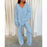 V-Neck Long Sleeve Casual Top & Pants Set - blue