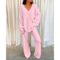 V-Neck Long Sleeve Casual Top & Pants Set - pink