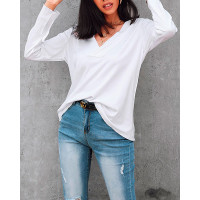 V-Neck Long Sleeve Casual Top - white