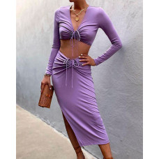 V-Neck Long Sleeve Drawstring Crop Top & Slit Midi Skirt Set - purple