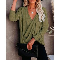 V Neck Long Sleeve Ruched Casual Top - green