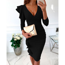 V Neck Long Sleeve Ruffles Bodycon Dress - black