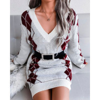 V Neck Plaid Print Knit Sweater Dress - white