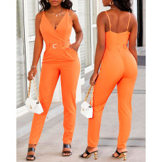 V-Neck Pocket Detail Cami Jumpsuit With Belt - orange