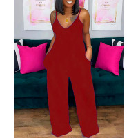 V-Neck Pocket Detail Spaghetti Strap Jumpsuit - red