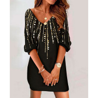 V-Neck Print Casual Dress - black