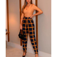 V-Neck Puff Sleeve Crop Top & Plaid Print Pants Set - orange