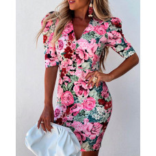 V-Neck Puff Sleeve Floral Print Dress - pink