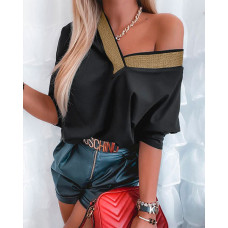 V-Neck Rhinestone Long Sleeve Top - black