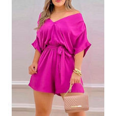 V-Neck Ruched Batwing Sleeve Belted Romper - hot pink