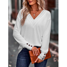 V-Neck Ruched Button Decor Top - white