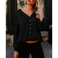 V Neck Shirring Sleeve Buttoned Blouse - green