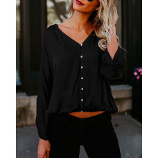 V Neck Shirring Sleeve Buttoned Blouse - green