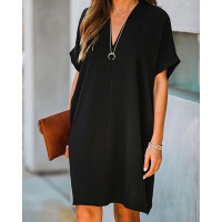 V-Neck Short Sleeve Casual Dress - black