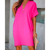 V-Neck Short Sleeve Casual Dress - hot pink