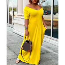 V-Neck Short Sleeve Maxi Dress - yellow