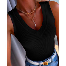 V-Neck Sleeveless Ribbed Basics Tank Top - black