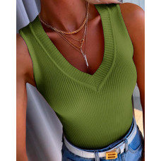 V-Neck Sleeveless Ribbed Basics Tank Top - green