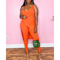 V-Neck Sleeveless Slit Top & High Waist Pants Set - orange