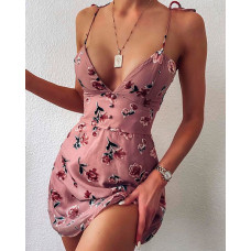 V-neck Spaghetti Strap Floral Print Dress - pink