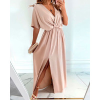 V-Neck Split Thigh Wrap Maxi Dress - Apricot