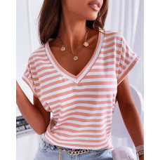 V-Neck Striped Short Sleeve T-shirt - pink