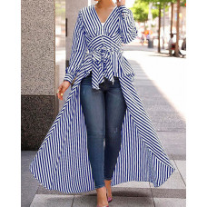 V-Neck Striped Tie Waist Dip Hem Irregular Blouse - blue