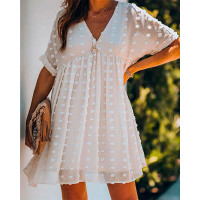 V-Neck Swiss Dot Chiffon Flowy Swing Dress - Apricot