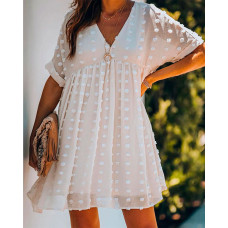 V-Neck Swiss Dot Chiffon Flowy Swing Dress - Apricot