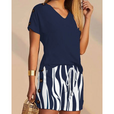 V-Neck T-shirt & Abstract Print Shorts Set - blue