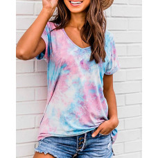 V-neck Tie Dye Print T-shirt - blue