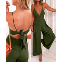 V-Neck Tied Detail Cutout Wide Leg Jumpsuit - Army green