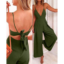 V-Neck Tied Detail Cutout Wide Leg Jumpsuit - Army green