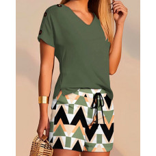 V-Neck Top & Geometric Print Drawstring Shorts Set - Army green