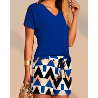 V-Neck Top & Geometric Print Drawstring Shorts Set - blue