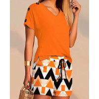 V-Neck Top & Geometric Print Drawstring Shorts Set - orange