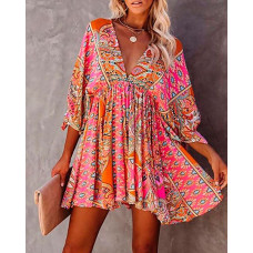 V-Neck Tribal Print Ruched Swing Dress - hot pink