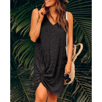 V-Neck Twist Front Sleeveless Casual Dress - Dark grey