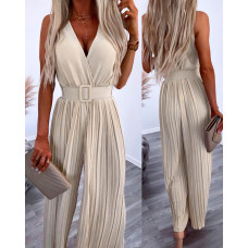 V-Neck Wide Leg Pleated Jumpsuit - Apricot