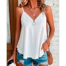 V-Neck Zipper Design Eyelet Embroidery Ruffles Top - white