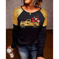 Valentine's Day Car Heart Print Round Neck Top - black