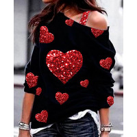 Valentine's Day Cold Shoulder Heart Print Top - black