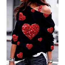 Valentine's Day Cold Shoulder Heart Print Top - black