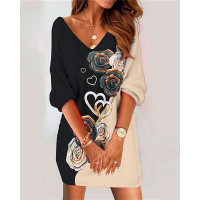 Valentine's Day Colorblock Heart Floral Print Casual Dress - black