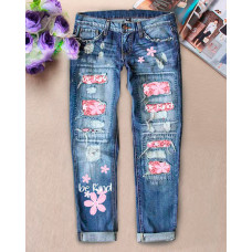 Valentine's Day Contrast Cheetah Floral Print Ripped Jeans - blue