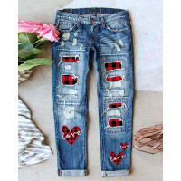 Valentine's Day Contrast Plaid Print Ripped Jeans - blue