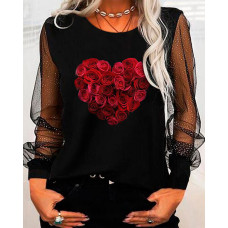 Valentine's Day Floral Heart Print Contrast Mesh Long Sleeve Top - black